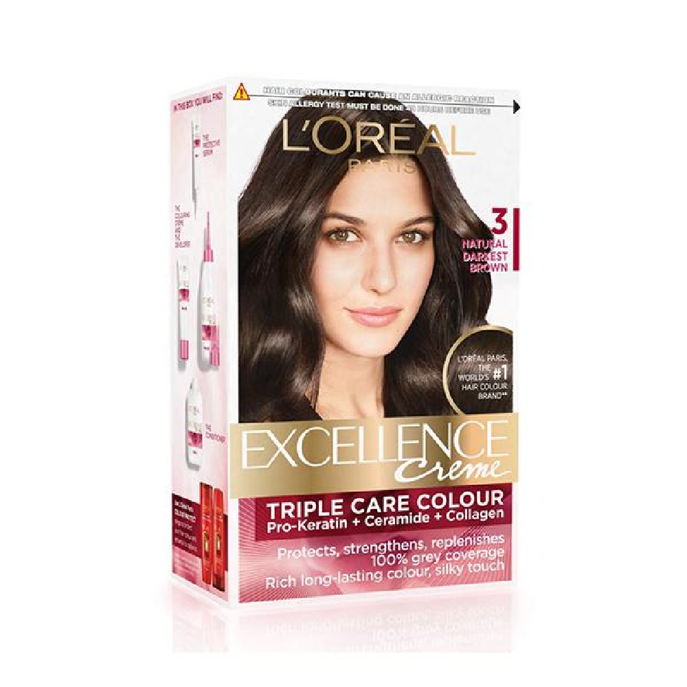 Loreal Paris Excellence Creme Hair Colour - (3 Natural Darkest Brown) - 72 ml + 100 g